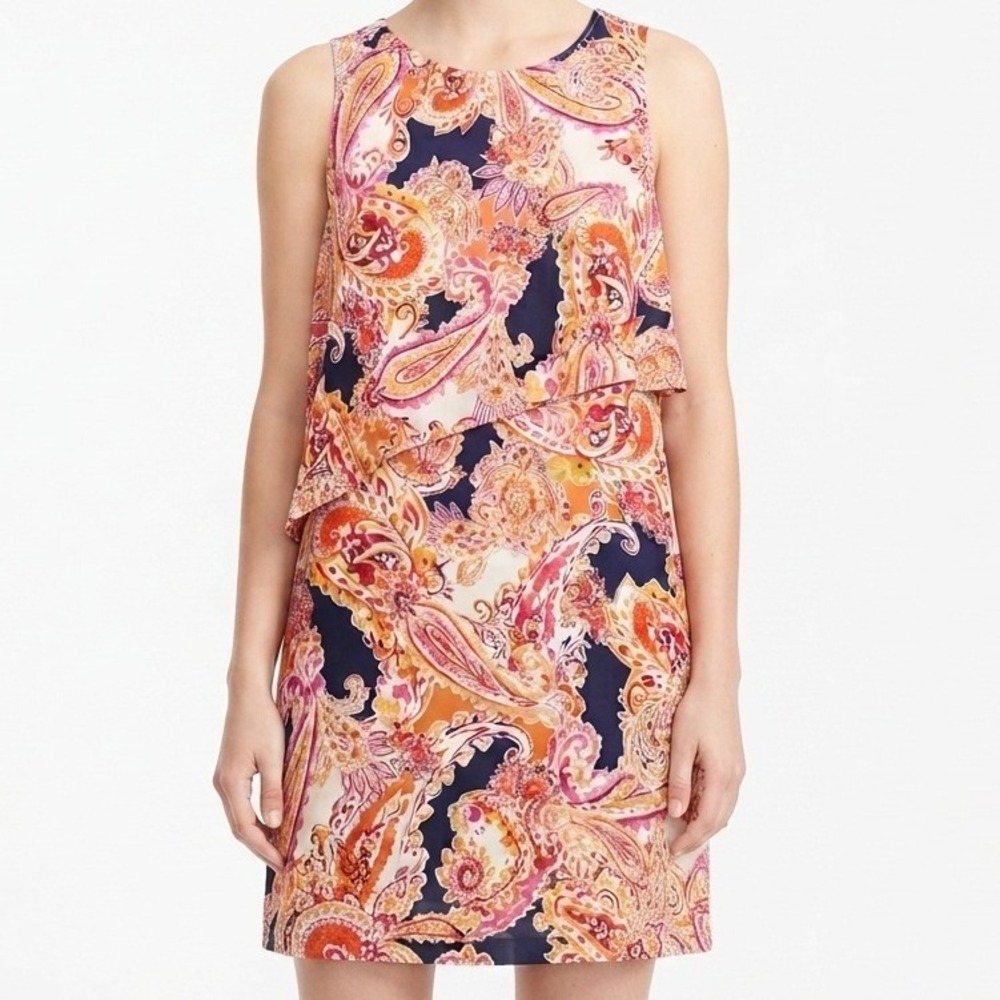 J. Jill Paisley Dress Womens Large Petite Orange Pink Navy Tiered Sleeveless